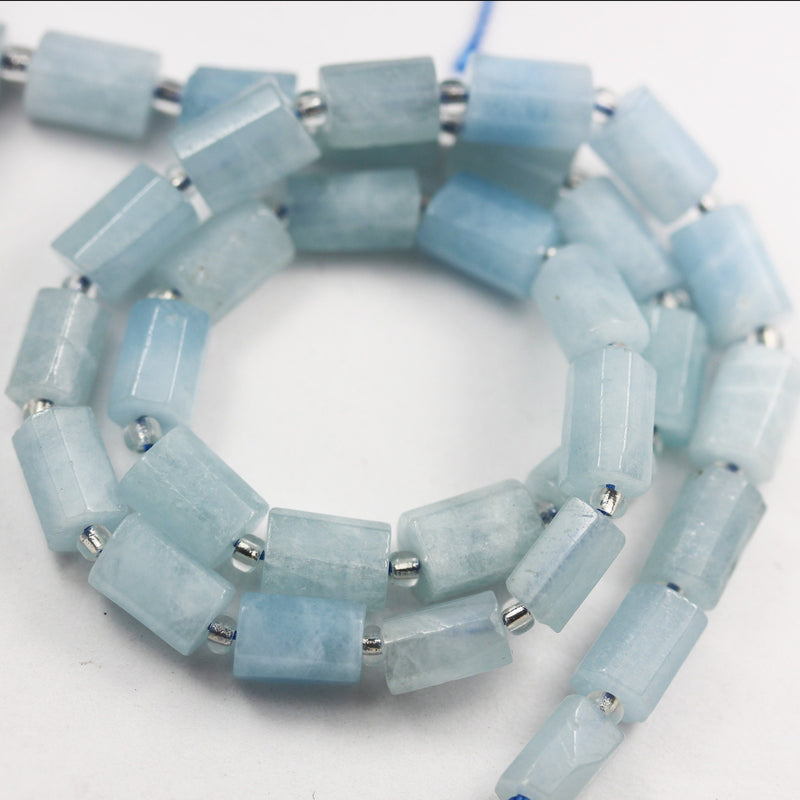 Natural Aquamarine, 11x7mm Faceted  Tube gemstone ,One full strand Natural Gemstone, 15.5", about 30 beads, 1mm hole