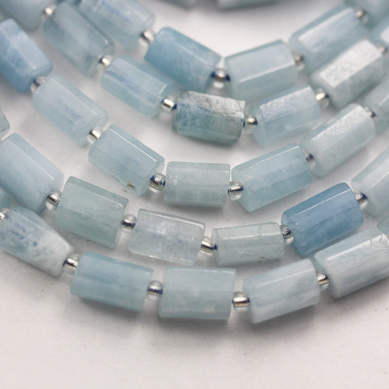 Natural Aquamarine, 11x7mm Faceted  Tube gemstone ,One full strand Natural Gemstone, 15.5", about 30 beads, 1mm hole