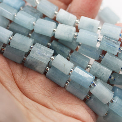 Natural Aquamarine, 11x7mm Faceted  Tube gemstone ,One full strand Natural Gemstone, 15.5", about 30 beads, 1mm hole