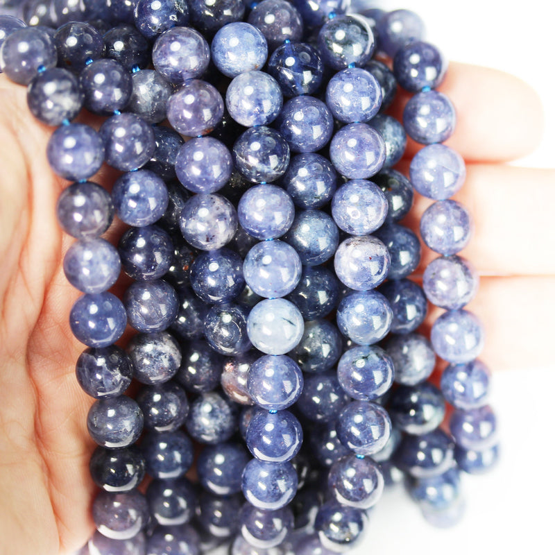 Natural Iolite, 8mm Natural Gemstone , Round, One full 16" strand about 50 beads, hole 1mm