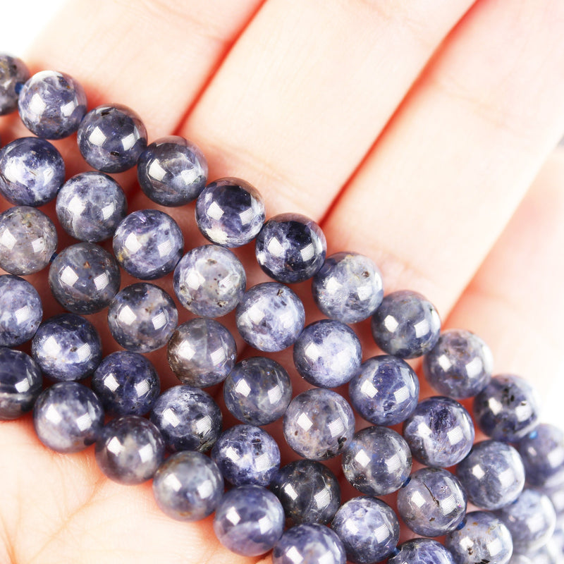 Natural Iolite, 8mm Natural Gemstone , Round, One full 16" strand about 50 beads, hole 1mm