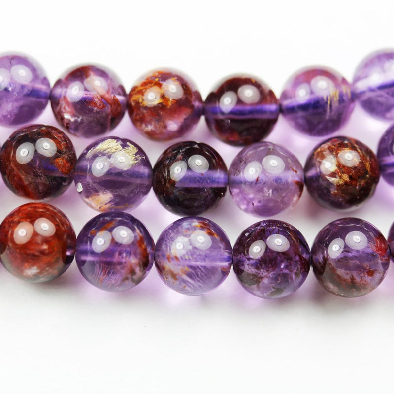 Super seven 10mm Genuine Cacoxenite amethyst , Round  Gemstone Beads One full strand ,about 40 pcs beads , 1mm hole, 15.5"