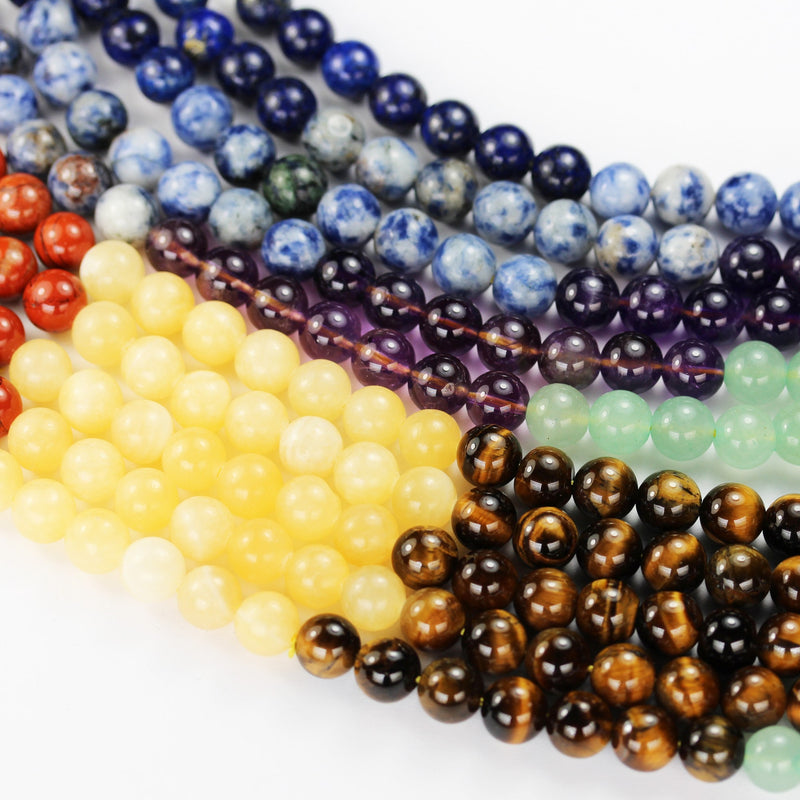 Chakra Beads 8mm Round Natural Gemstone,Amethyst Lapis Sodalite Aventurine Tigers Eye Yellow Jade Red Jasper 15.5", 48 beads, 1mm hole