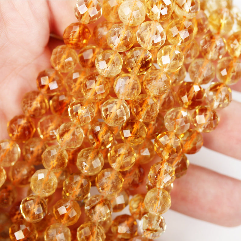 Natural Citrine, 8mm Faceted Round Shape Gemstone Beads, 7.5 inch , 1 mm hole, about 24 beads