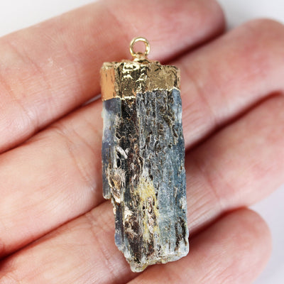 Natural Raw Kyanite Gemstone Stick Pendant,Gold Plated Edged Gemstone, Blue, 10-12mm*40-60mm Length-GEMPD0207