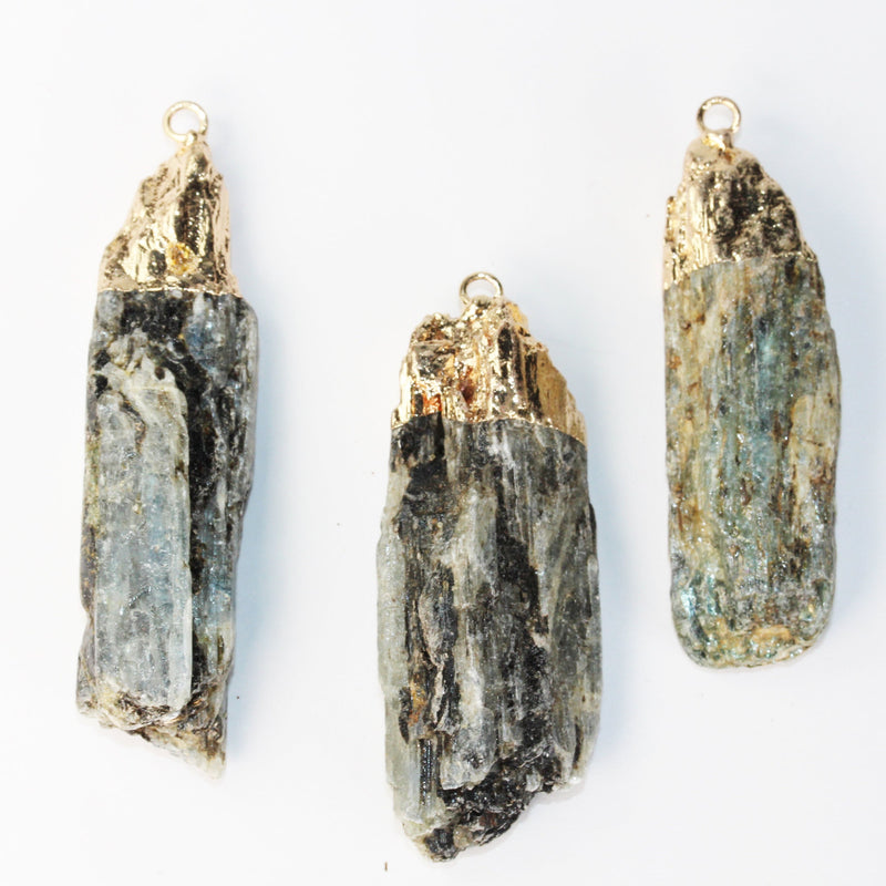 Natural Raw Kyanite Gemstone Stick Pendant,Gold Plated Edged Gemstone, Blue, 10-12mm*40-60mm Length-GEMPD0207