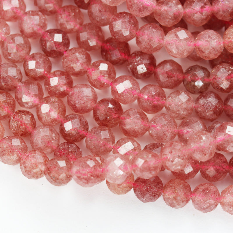 Natural Strawberry Quartz,6mm Faceted Round Natural  Gemstone Strands, 7.5 inch , 0.6mm hole, about 32 beads