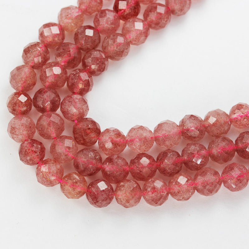 Natural Strawberry Quartz,6mm Faceted Round Natural  Gemstone Strands, 7.5 inch , 0.6mm hole, about 32 beads