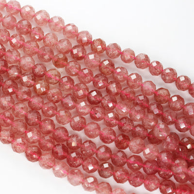 Natural Strawberry Quartz,6mm Faceted Round Natural  Gemstone Strands, 7.5 inch , 0.6mm hole, about 32 beads