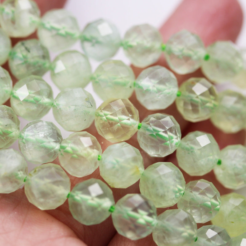 Natural Prehnite, 8mm Faceted round Gemstone Beads ,7.5 ", 1mm hole, about 25beads