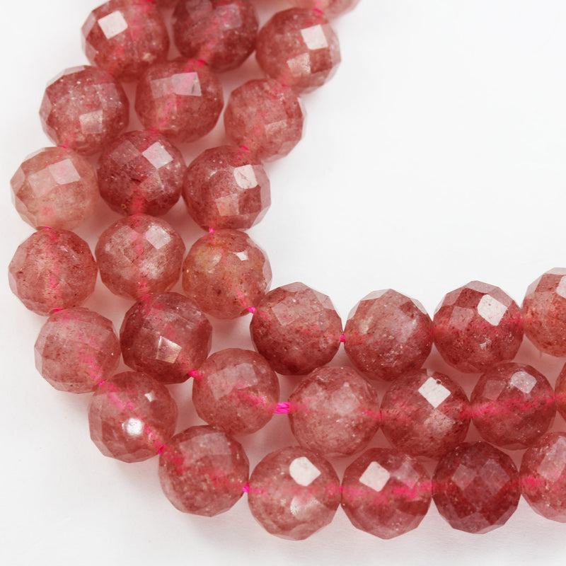 Natural Strawberry Quartz,8mm Faceted Round Natural  Gemstone Strands, 7.5 inch , 1mm hole, about 24 beads