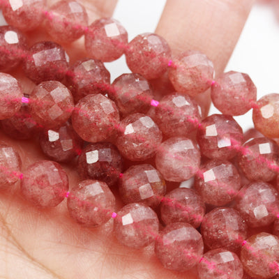 Natural Strawberry Quartz,8mm Faceted Round Natural  Gemstone Strands, 7.5 inch , 1mm hole, about 24 beads