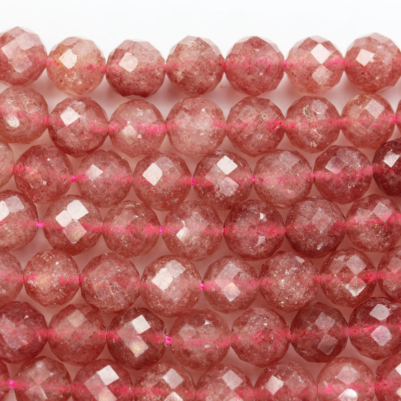 Natural Strawberry Quartz,8mm Faceted Round Natural  Gemstone Strands, 7.5 inch , 1mm hole, about 24 beads