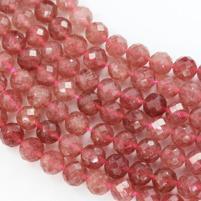 Natural Strawberry Quartz,8mm Faceted Round Natural  Gemstone Strands, 7.5 inch , 1mm hole, about 24 beads