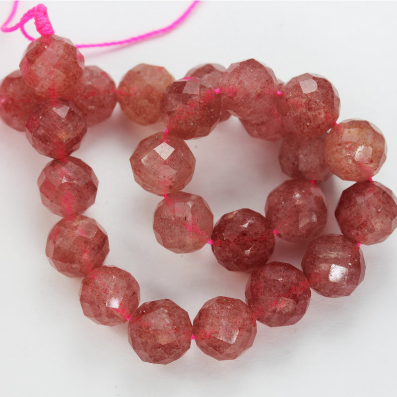 Natural Strawberry Quartz,8mm Faceted Round Natural  Gemstone Strands, 7.5 inch , 1mm hole, about 24 beads