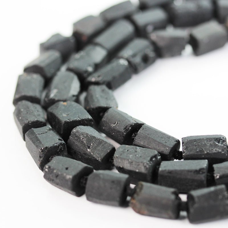 Natural Raw Black Tourmaline , 15-11mm length x 8mm wide Nugget Shape Gemstone Beads, 1mm hole, about 25 beads, 16" strand