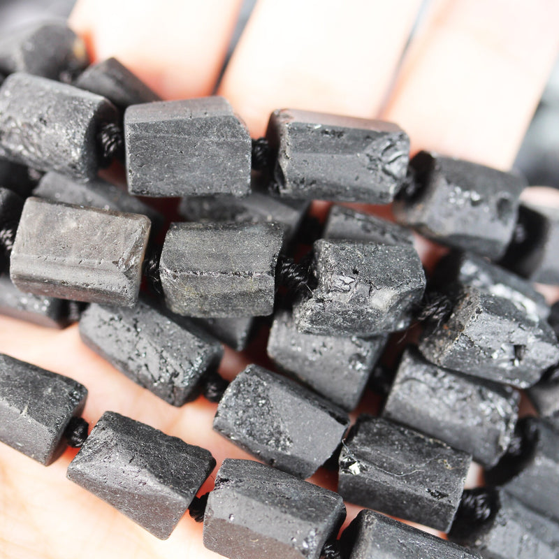 Natural Raw Black Tourmaline , 15-11mm length x 8mm wide Nugget Shape Gemstone Beads, 1mm hole, about 25 beads, 16" strand