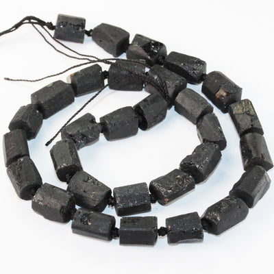 Natural Raw Black Tourmaline , 15-11mm length x 8mm wide Nugget Shape Gemstone Beads, 1mm hole, about 25 beads, 16" strand