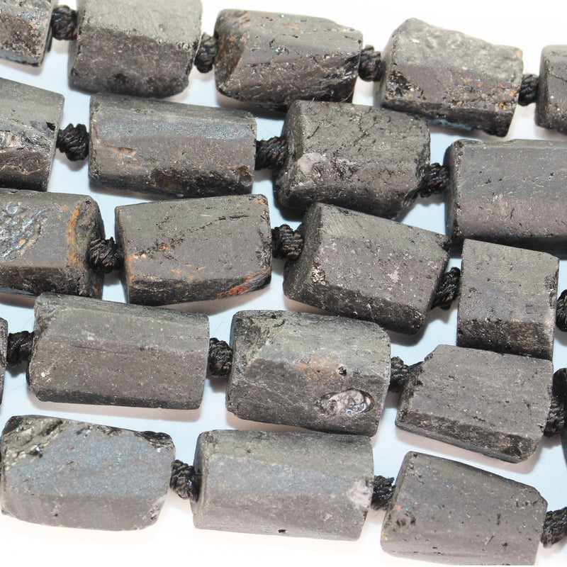 Natural Raw Black Tourmaline , 15-11mm length x 8mm wide Nugget Shape Gemstone Beads, 1mm hole, about 25 beads, 16" strand