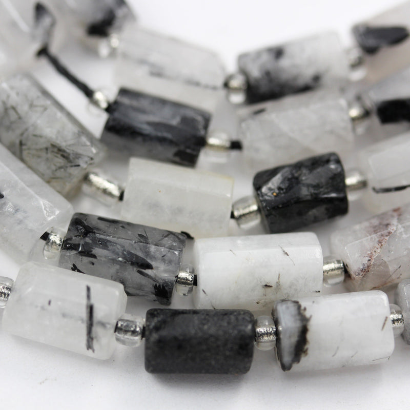 Natural Black Rutilated Quartz ,11*7mm Faceted Tube Gemstone Strand, 15.5 inch, 1mm hole, about33beads