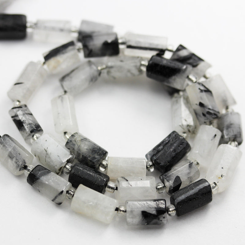 Natural Black Rutilated Quartz ,11*7mm Faceted Tube Gemstone Strand, 15.5 inch, 1mm hole, about33beads