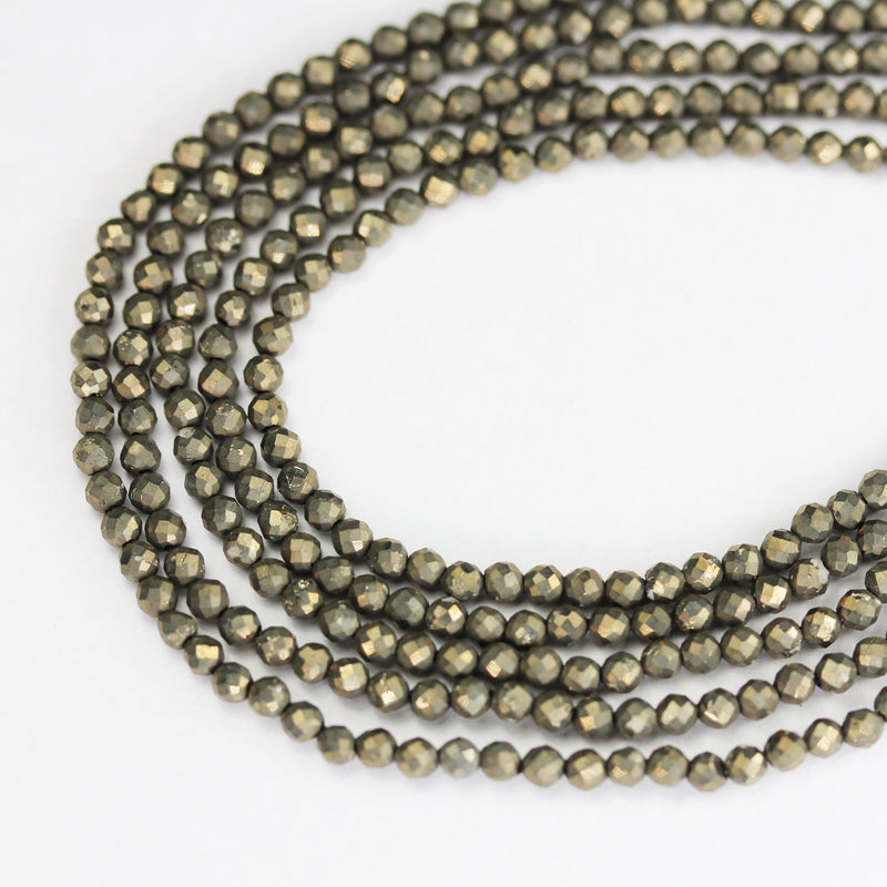 Pyrite,3mm Faceted Round Gemstone Bead, One full Strand Natural Gemstone, 16inch,0.6mm hole