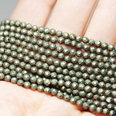 Pyrite,3mm Faceted Round Gemstone Bead, One full Strand Natural Gemstone, 16inch,0.6mm hole