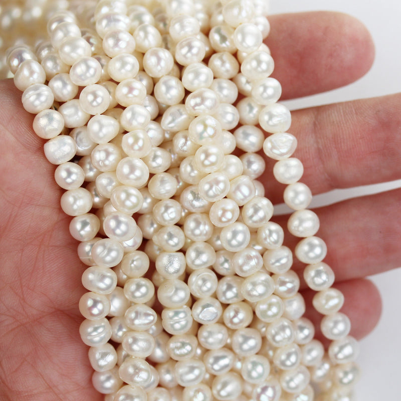 5-6mm White Potato Freshwater Pearl Strands,14 inch, about 60 beads,0.6mm hole -PLF8292