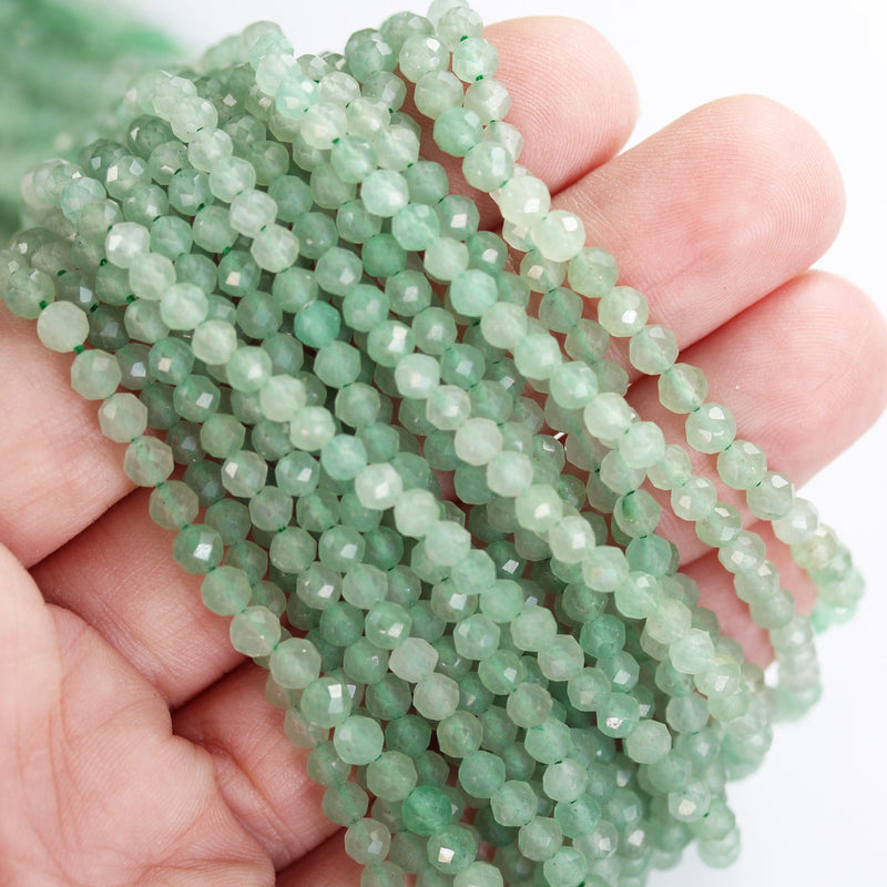 Green Aventurine, 3mm Faceted Round Gemstone Strand, 15.5inch , about 90 beads , 0.8mm hole