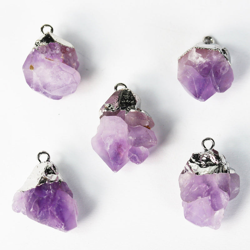 1pc/10pcs 15-20mm Raw Amethyst Nugget Mineral Gemstone ,Silver Plated Bail Pendant