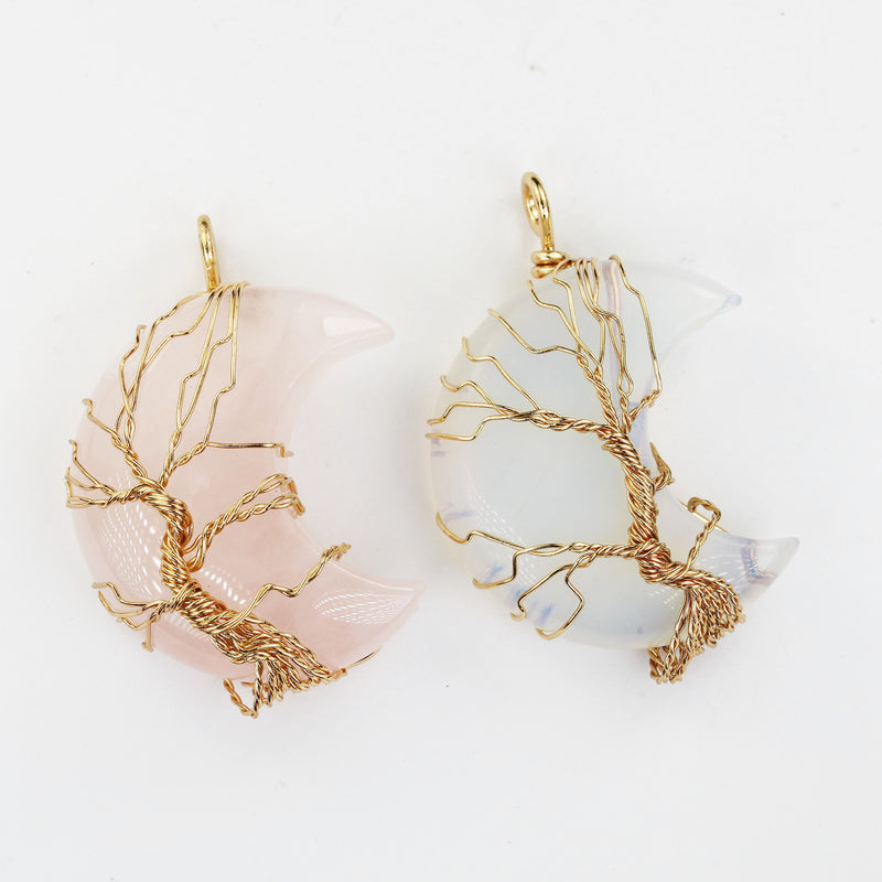 1pc Tree-Of-Life  Gold Plated Wire Wrapped Natural Gemstone Pendant 20*35mm Moon Shape Stone