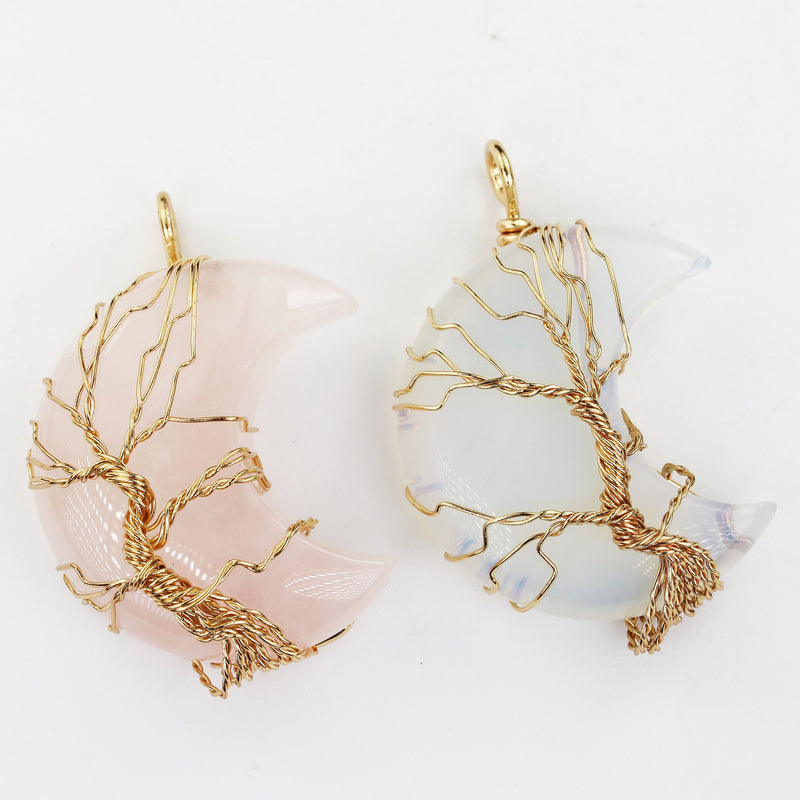 1pc Tree-Of-Life  Gold Plated Wire Wrapped Natural Gemstone Pendant 20*35mm Moon Shape Stone