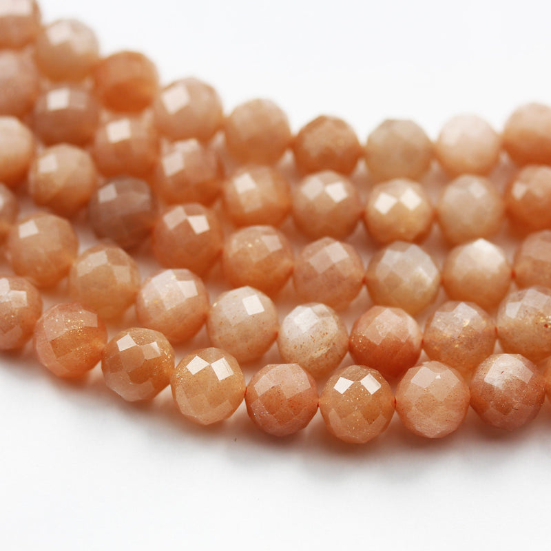 Natural Peach Moonstone,6.5mm Faceted Round Gemstone Strand, 7.5inch , 1mm hole, about 30 beads