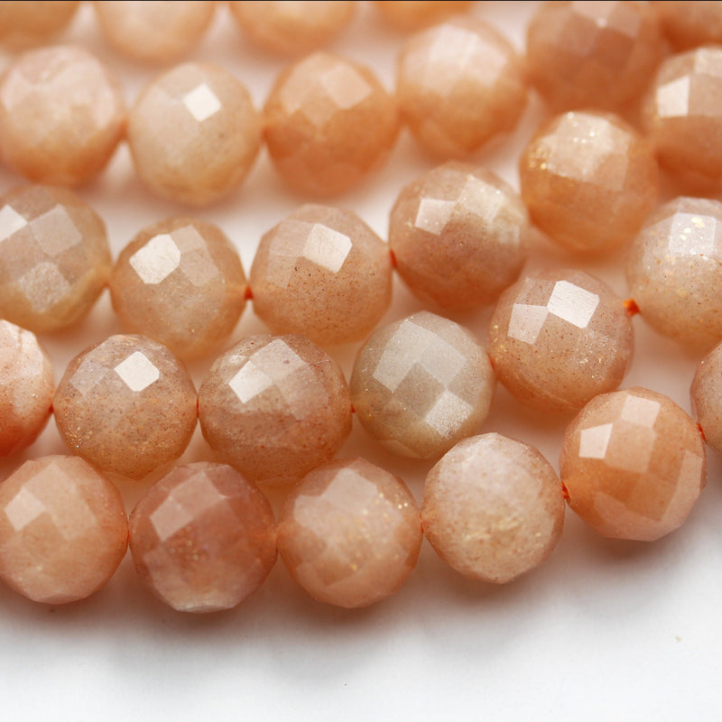 Natural Peach Moonstone,6.5mm Faceted Round Gemstone Strand, 7.5inch , 1mm hole, about 30 beads