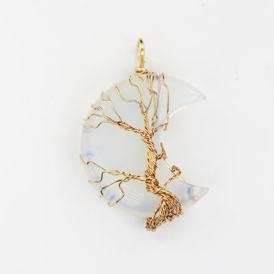 1pc Tree-Of-Life  Gold Plated Wire Wrapped Natural Gemstone Pendant 20*35mm Moon Shape Stone