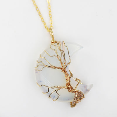 1pc Tree-Of-Life  Gold Plated Wire Wrapped Natural Gemstone Pendant 20*35mm Moon Shape Stone