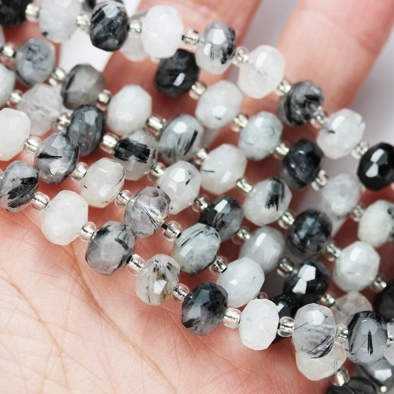 Natural Black Rutilated Quartz, 6*8mm Faceted Rondelle Gemstone Strand, 8 inch , about 25 beads,hole1mm