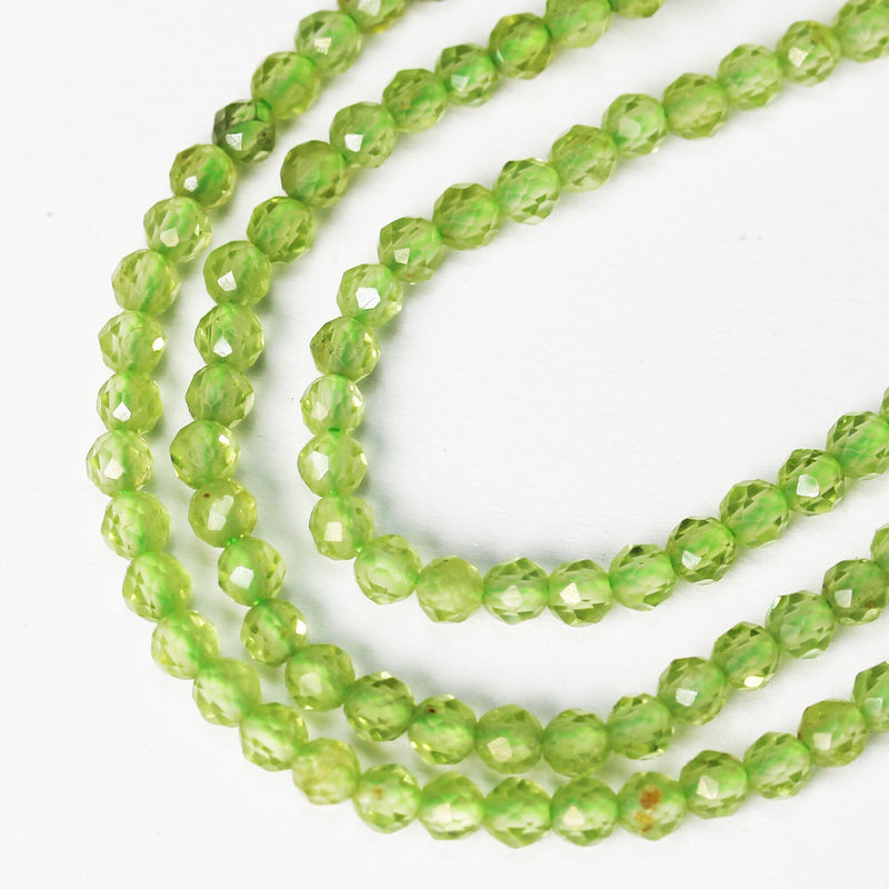 Natural Peridot, 3mm Faceted Round Natural Gemstone Beads, 15.5 inch , 0.6mm hole