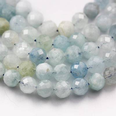 Natural Aquamarine, 6mm Faceted Round Gemstone beads,7.5", 1mm hole , about 34 beads