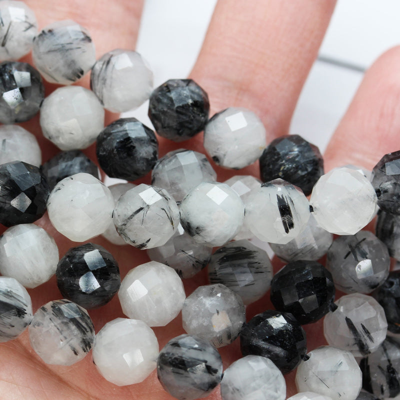 8mm Black Rutilated Quartz, Faceted Round Gemstone,7.5inch Clear/ Grey&Black, about 24beads, hole 1mm