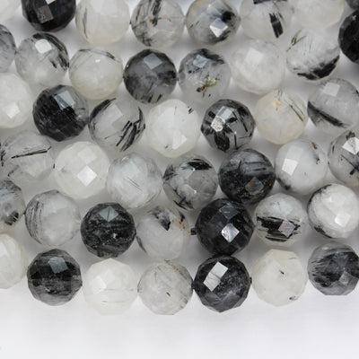 8mm Black Rutilated Quartz, Faceted Round Gemstone,7.5inch Clear/ Grey&Black, about 24beads, hole 1mm