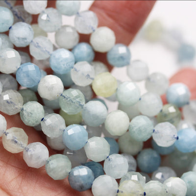 Natural Aquamarine, 6mm Faceted Round Gemstone beads,7.5", 1mm hole , about 34 beads