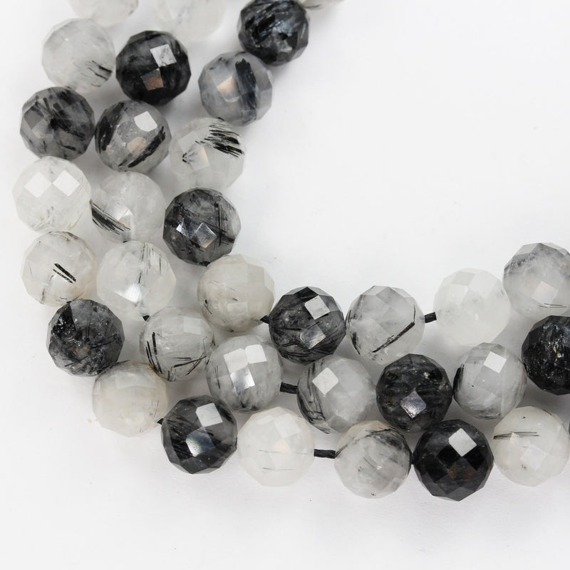 8mm Black Rutilated Quartz, Faceted Round Gemstone,7.5inch Clear/ Grey&Black, about 24beads, hole 1mm