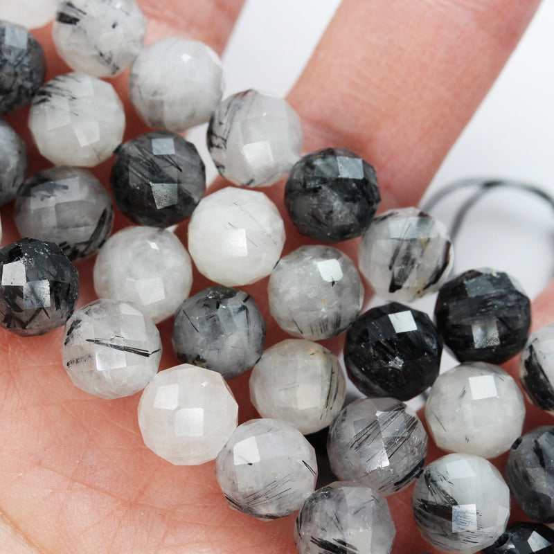 8mm Black Rutilated Quartz, Faceted Round Gemstone,7.5inch Clear/ Grey&Black, about 24beads, hole 1mm