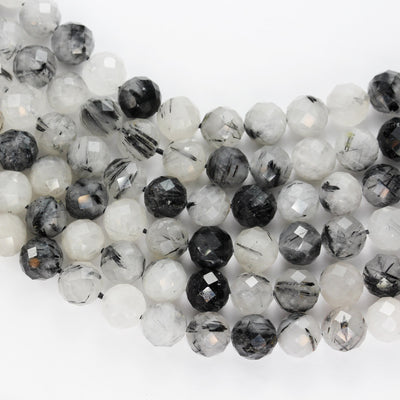 8mm Black Rutilated Quartz, Faceted Round Gemstone,7.5inch Clear/ Grey&Black, about 24beads, hole 1mm