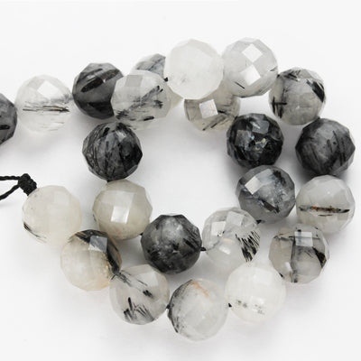 8mm Black Rutilated Quartz, Faceted Round Gemstone,7.5inch Clear/ Grey&Black, about 24beads, hole 1mm