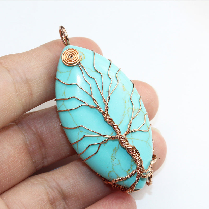 1pc Tree-Of-Life  Copper Wire Wrapped Natural Gemstone Pendant 26*48mm Stone