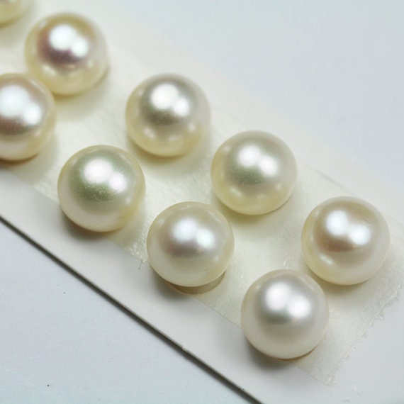 Freshwater Pearl,10-11mm White, 1 pair AAA  Half Drilled  Button Round Pearl Studs , for Making earring/Ring , hole 1mm