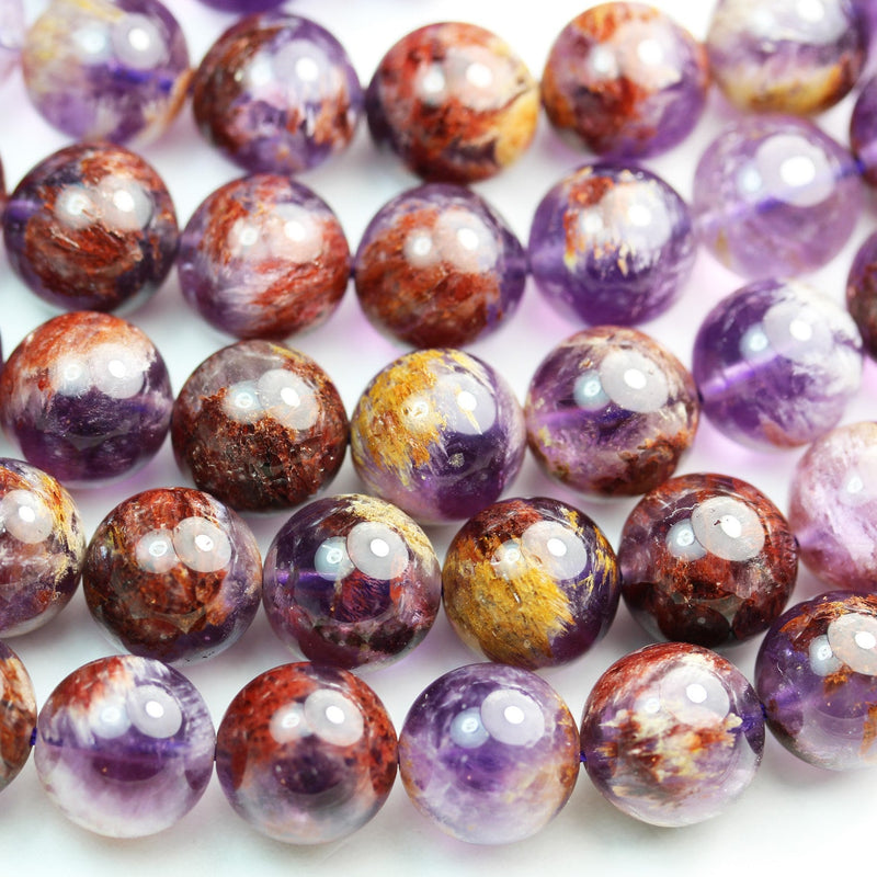 12-13mm Super seven-Genuine Cacoxenite amethyst , Round  Gemstone Beads One full strand,about 32pcs beads , 1mm hole, 15.5"