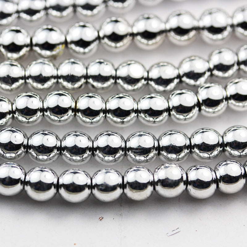 Hematite, 6mm round gemstone, One full strand , Electroplated Silver Gemstone beads, hole 1mm,16"